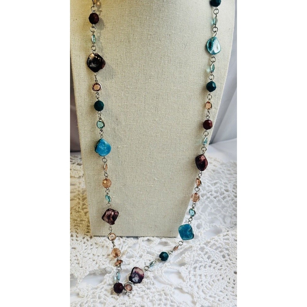 30” Multicolor Beaded Necklace Turquoise Faux Shell Crystal Silver Tone Boho